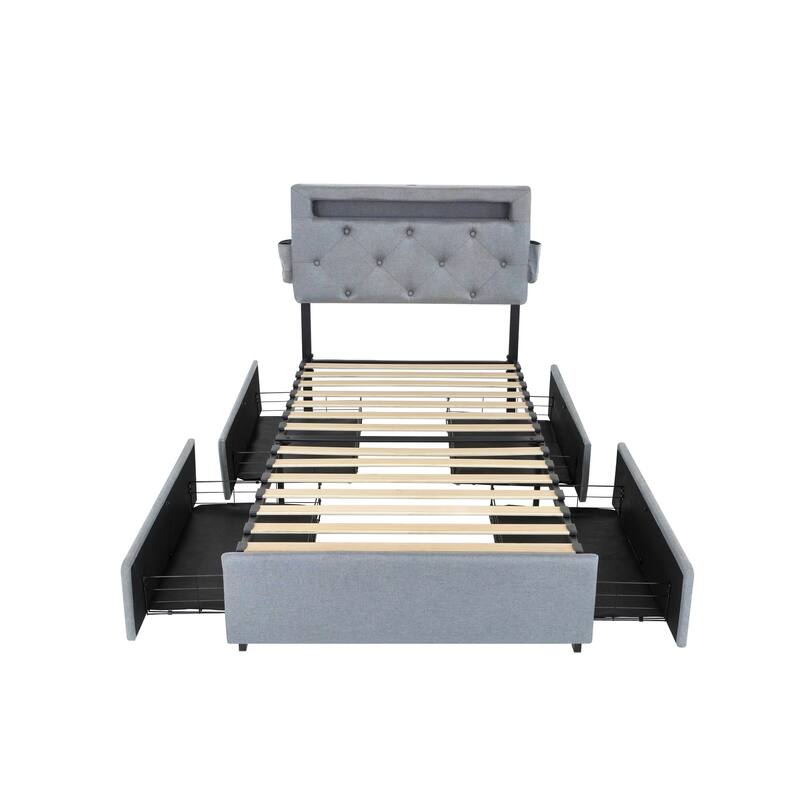 Queen/Full/Twin Size Wings Headboard Design Bed Frame with LED, 4 Under-bed Portable Storage Drawers