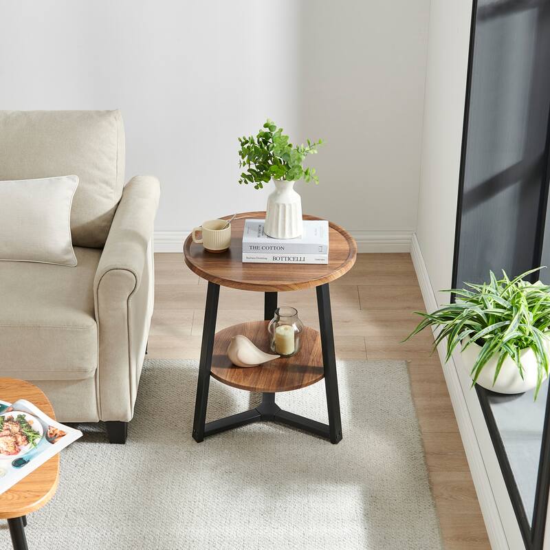 Mason Round 2-Tier Side Accent Table with Raised Lip Edge Tabletop and Mid-century Modern Crossed Metal Bold Pedestal Legs