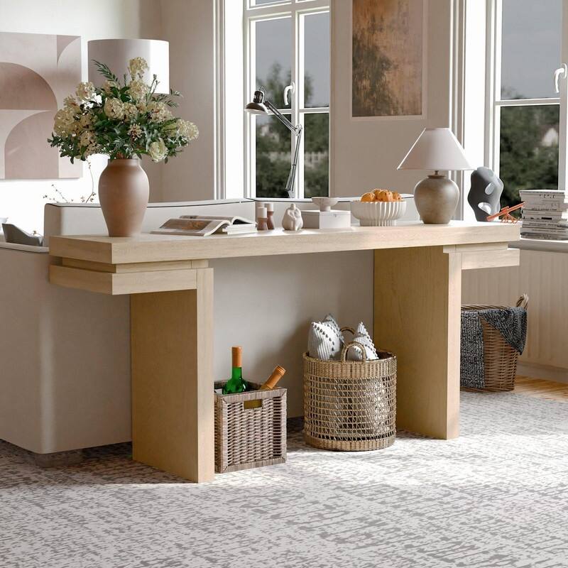 Extra Wide Real Wood Veneered Console Table for Minimalist Living Room Entryway or Hallway Decor