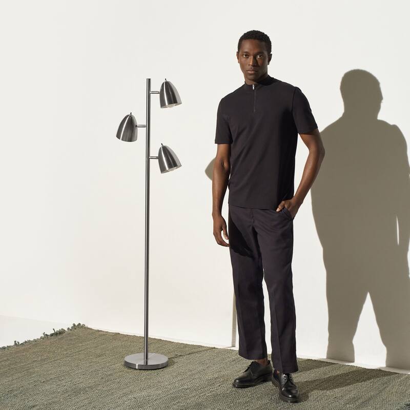 Brightech Jacob 64 in. Brushed Nickel Mid-Century Modern 3-Light Adjustable LED Floor Lamp with 3 Nickel Metal Cone Shades