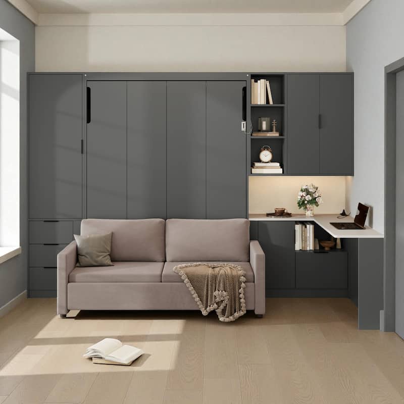 Queen Wall Murphy Bed with Hydraulic Lift Storage, Sofa, Shelves, Drawers, LED & USB Lighting for Small Spaces - Grey - Queen