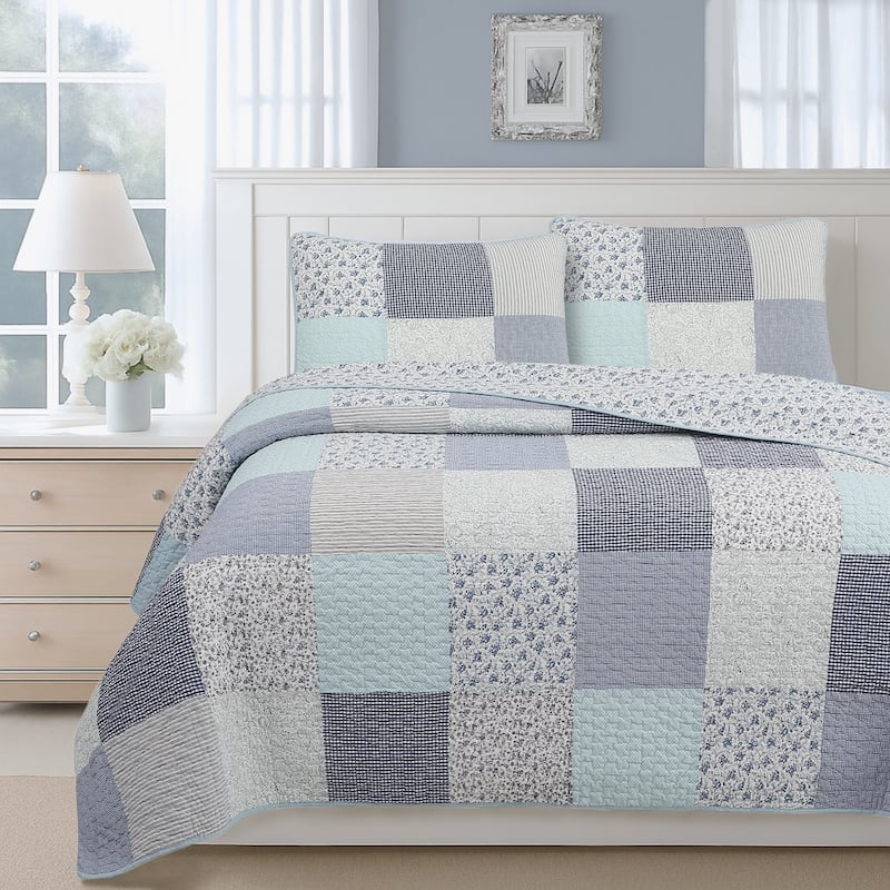 Cozy Line Subtle Blue Checker Cottage Floral Stripe Cotton 3 Piece Patchwork Quilt Bedding Set