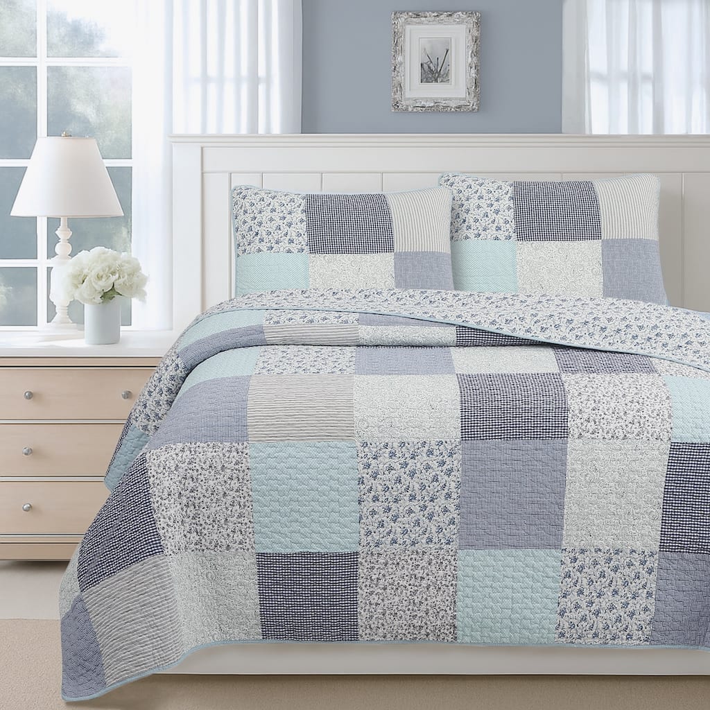 Cozy Line Subtle Blue Checker Cottage Floral Stripe Cotton 3 Piece Patchwork Quilt Bedding Set
