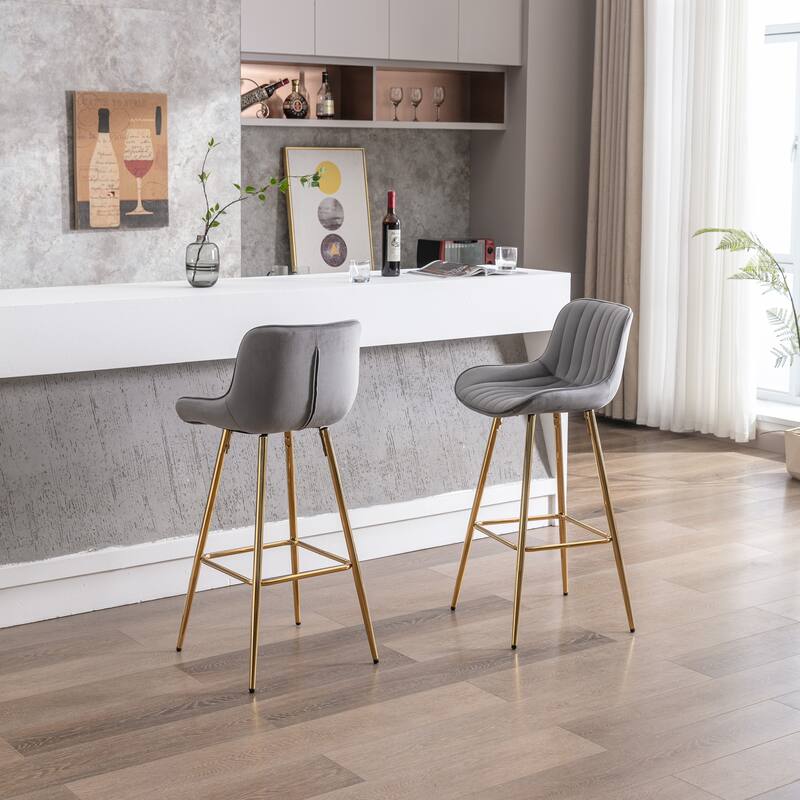30 inch Set of 2 Bar Stools,with Chrome Footrest Velvet Fabric Counter Stool Golden Leg Simple High Bar Stool,black