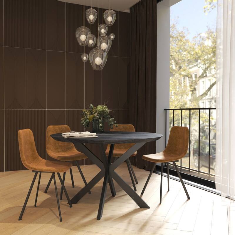 Markley Dining Chair with Leather Seat in Black Steel Legs, Scratch-Resistant, Ergonomic & Comfortable Modern Kitchen Chair