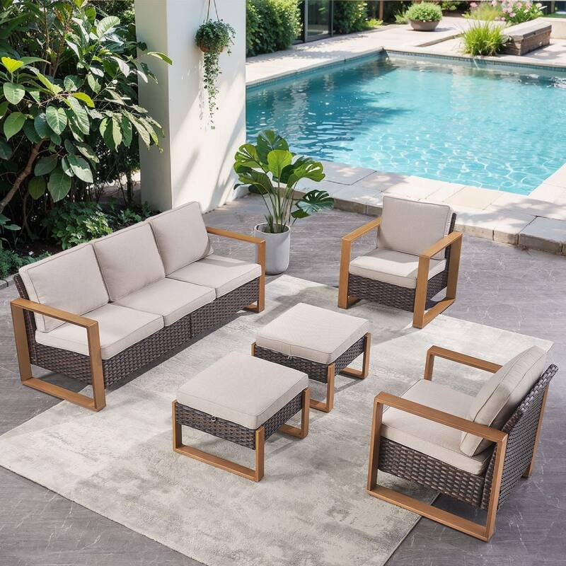 Pocassy Outdoor Sofa, Swivel Chair, Patio Chair Ottoman Set - 5 Pieces Sofa Patio Chairs w/ Ottoman - Brown Wicker Beige Cushion