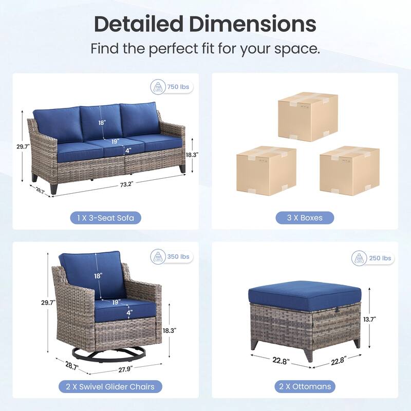 Pocassy Patio Sofa Glider Swivel Chair Ottoman Table Furniture Set.