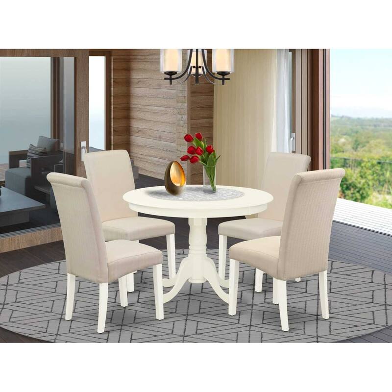 HomeStock 5-Piece Round Linen White Finish Solid Wood Top Dining Table with 4 Parson Chair with Lattice Back