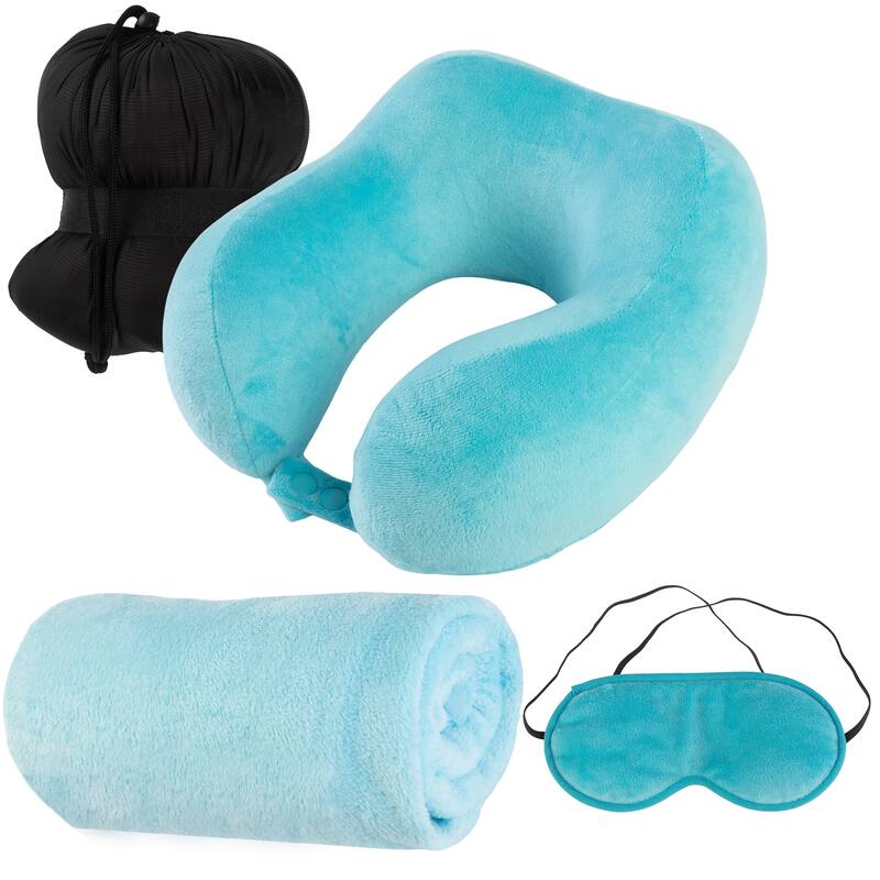 Travel Pillow Set - Memory Foam Pillow, Fleece Blanket, and Eye Mask by Home-Complete (Blue)