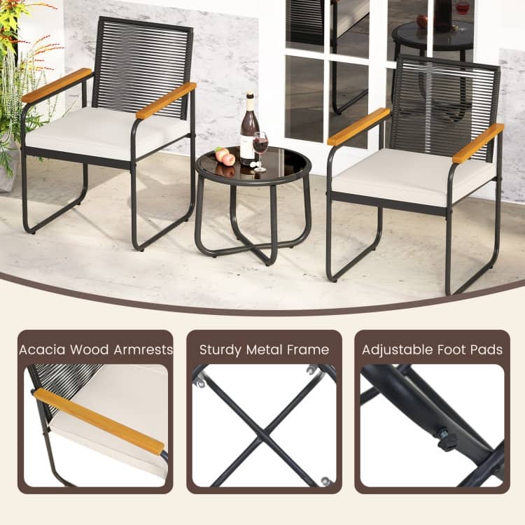 Black PE Rattan Metal 3-Piece Patio Bistro Set with Off-White Cushions and Glass Table - Table: 18" × 15"