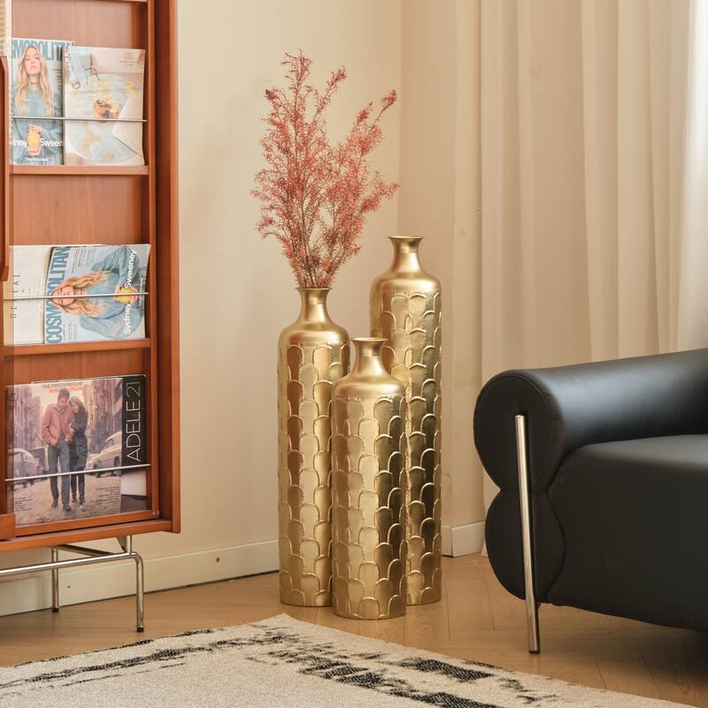 Floor Metal Vases Decorated Trumpet Vase Set of 3, Large Glazed Metal Vases, Hammered Finishes Minimalist Vase
