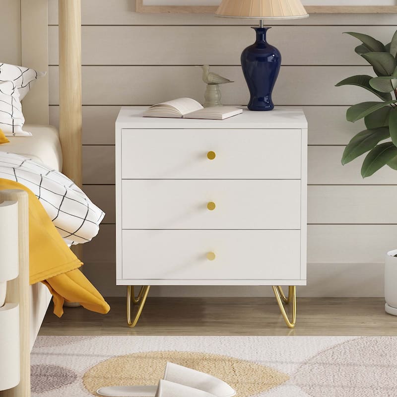 Light Luxury Style Nightstand,19.6"W,Golden Metal Steel, Three Drawers