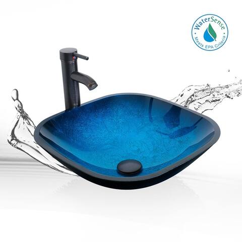 Eclife 16.5" Bathroom Vessel Sink Tempered Glass Square with ORB Faucet Pop up Drain 1.5 GPM