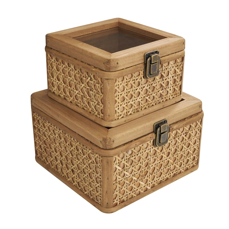 Rattan Handmade Woven Rattan Box with Glass Tops and Bronze Latches - Set of 2 Brown - Roche River Decor