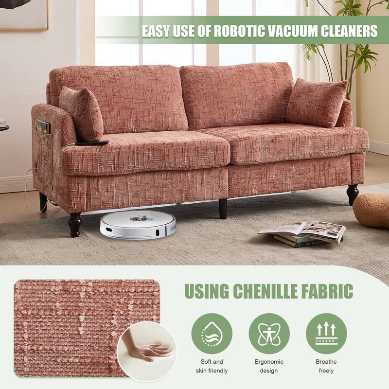 Modern Style Chenille 2-Seater Wood-Legged Sofa With Led Light, Usb Charging Port And Storage Bag Living Room Bedroom Study Room