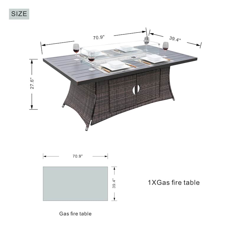 7-piece Outdoor Wicker Patio Dining Set with 6 Chairs and Aluminum Table Top Fire Pit Table