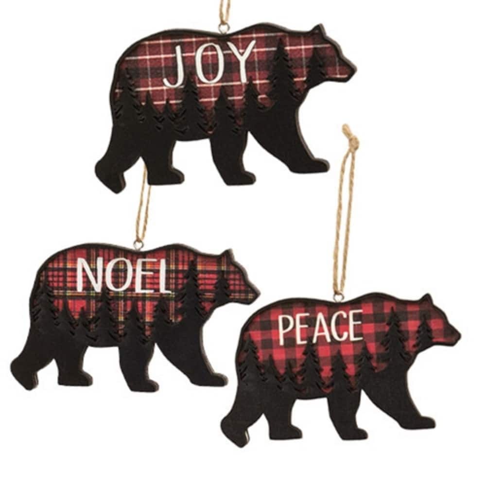 Rustic Plaid Bear Ornaments with Forest Scene 3 Asstd. - 3" H x 5" W x .375" D