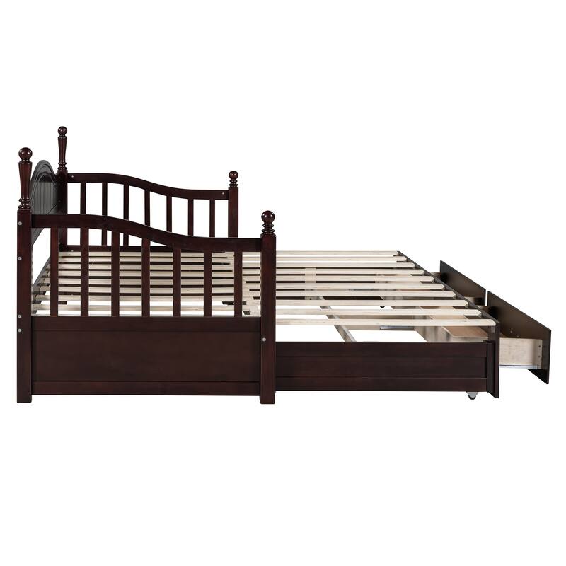 Platform Daybed with Extendable Trundle, 2 Drawers, 4 Bed Posts, Twin