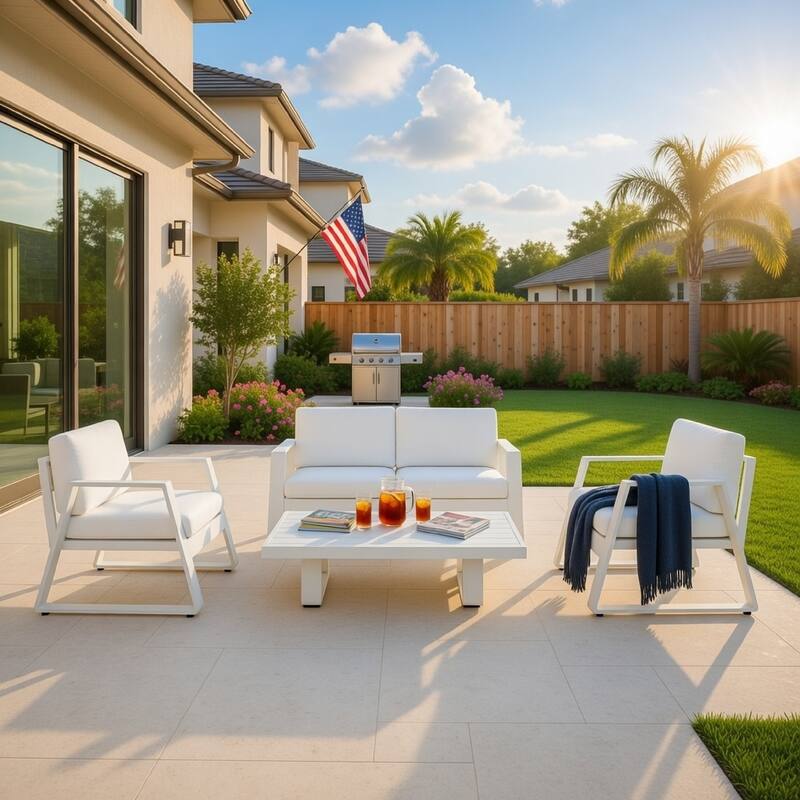 4 Piece Patio Sofa Set with Sled Base and Floor Protector, White