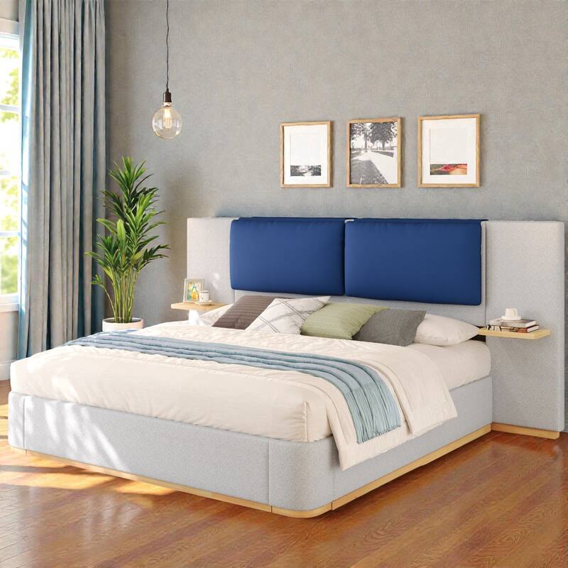 Upholstered Platform Bed Frame with Side Storage Panels, Soft Rounded Corners, Cushioned Headboard & No Box Spring Needed - Grey - Queen