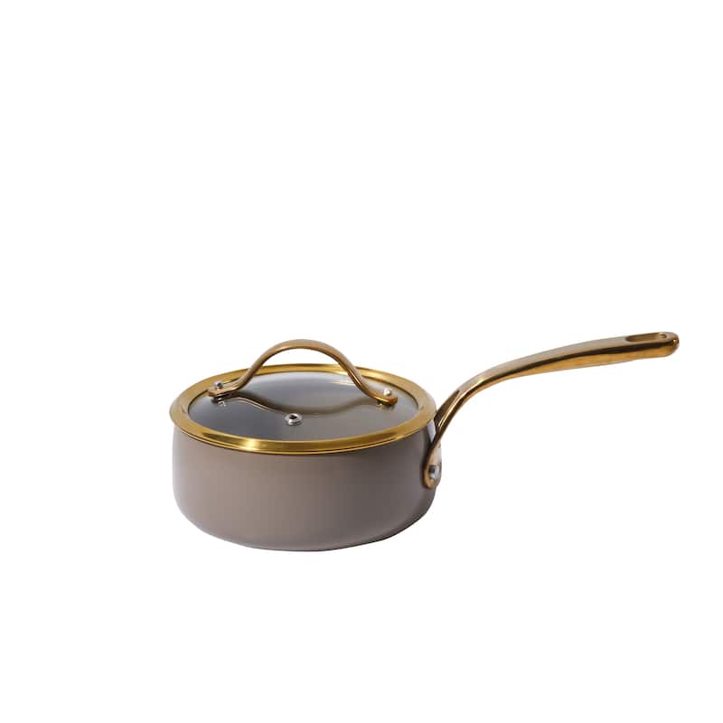 Bloomhouse Pots and Pans Heavy Duty Aluminum Premium PFA Free Ceramic Nonstick - Cappucino Cream with Gold Handle