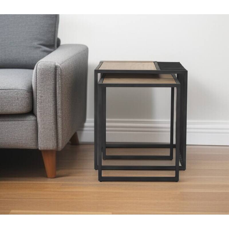 HomeRoots Set of Two Natural and Black Solid Wood and Metal Square Sled Nested Tables - 22' X '24' X '22 - Natural - Wood