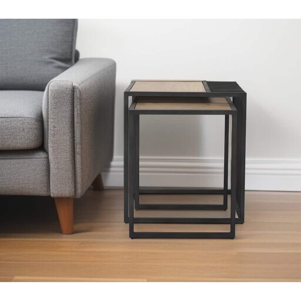 HomeRoots Set of Two Natural and Black Solid Wood and Metal Square Sled Nested Tables - 22' X '24' X '22