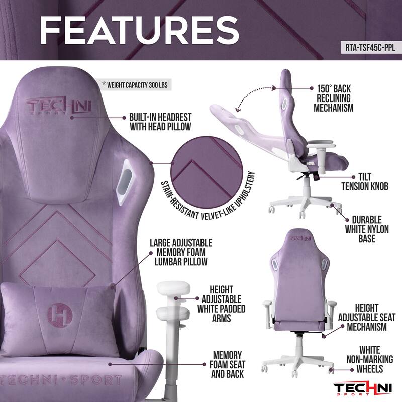 Ergonomic Velvet Gaming Chair with Memory Foam, Adjustable Height & Reclining Backrest - Purple