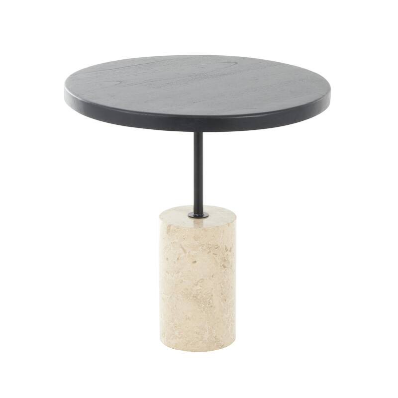Black Wood Geometric Side End Accent Table with Ivory Marble Base