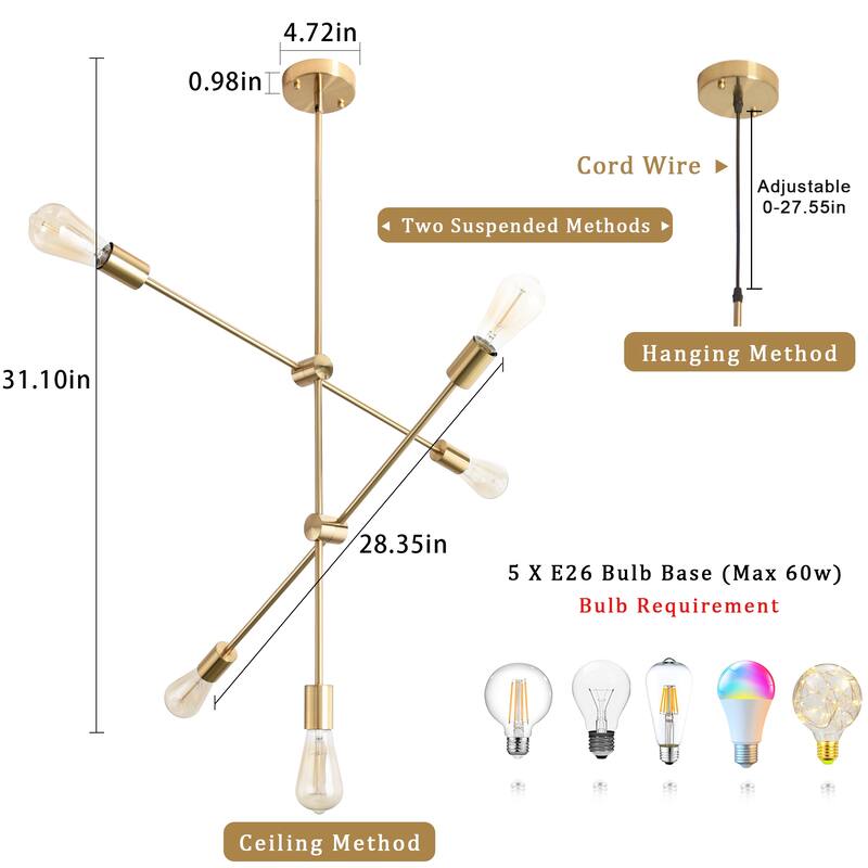 5-Light Dimmable Sputnik Modern Linear Chandelier for Living Room Bedroom