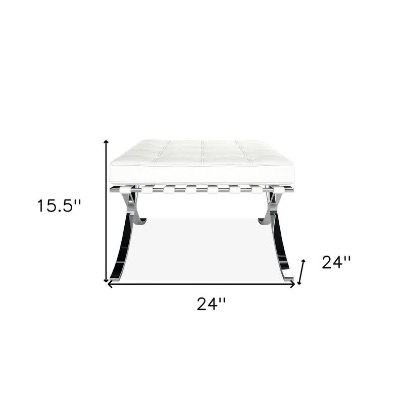 24-Inch Leather Footstool Ottoman with Silver Tufted Design and X Base