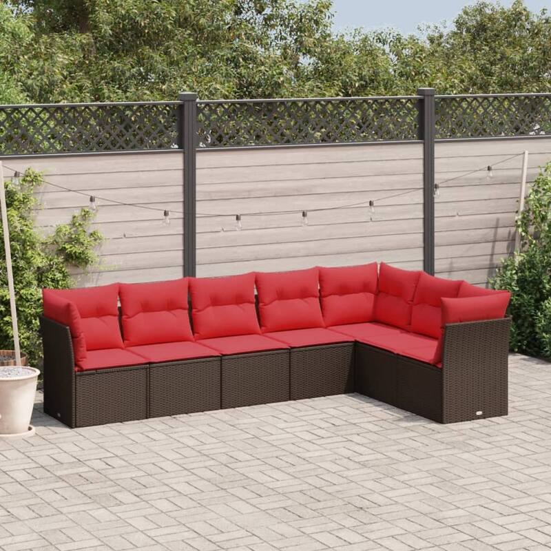vidaXL Patio Sofa Set with Cushions Outdoor Furniture 8 Piece Poly Rattan - 21.7 x 24.4 x 27.2 - Brown and red Without table