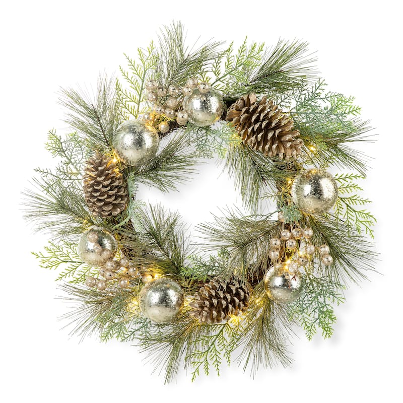 Glitzhome 24"D Lit Frosted Ball Berry Holly Pine Pinecone Wreath With Lights