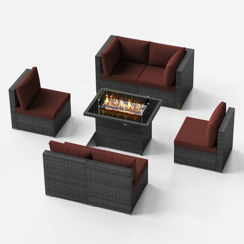 7 Piece Outdoor Sectional Modular Wicker Patio Conversation Set with 43'' Fire Pit Table and Cushion