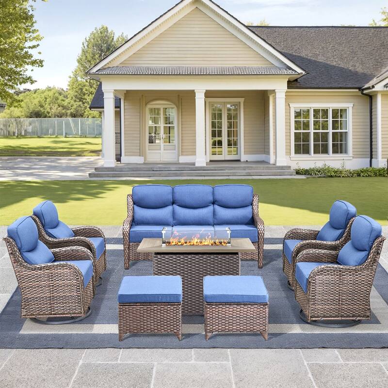 Pocassy 8 Pieces Outdoor 6 Inch Sofa Swivel Chair Ottoman with Fire Table - Blue cushion - Brown Wicker