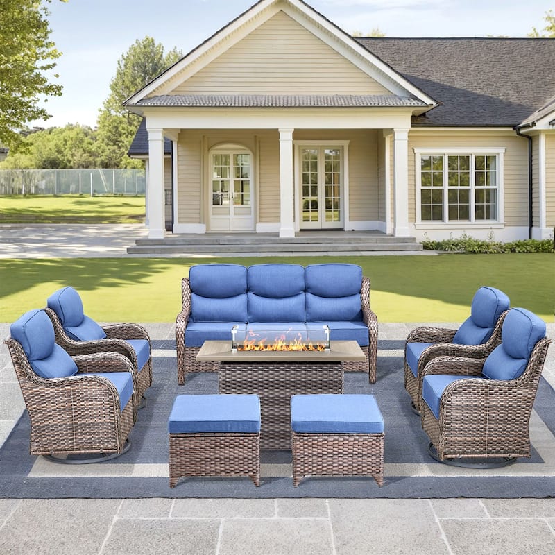 Pocassy Outdoor 6 Inch Sofa Swivel Chairs Ottoman with Fire Table Set - Brown Wicker Blue Cushion - 8 Pieces Sofa Chair Ottoman with Fire Table