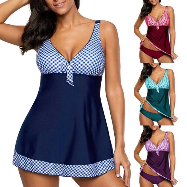 Fashion Plaid Bowknot Tankini Set Women Summer Beach Swimwear Bathing Suit