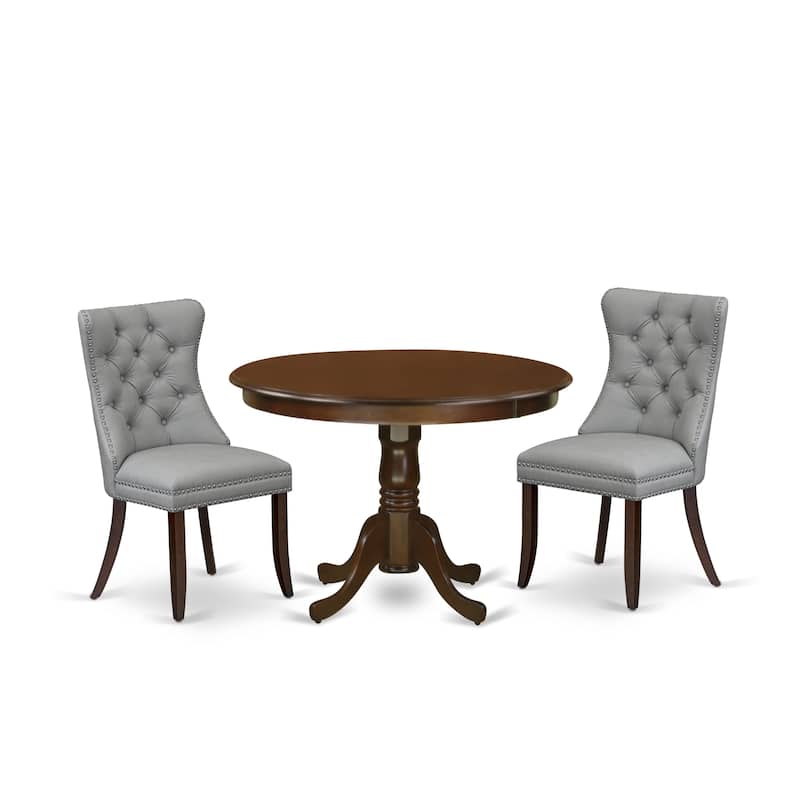 East West Furniture Dining Set Consists of a Round Kitchen Table and Upholstered Chairs, Mahogany (Pieces Options)