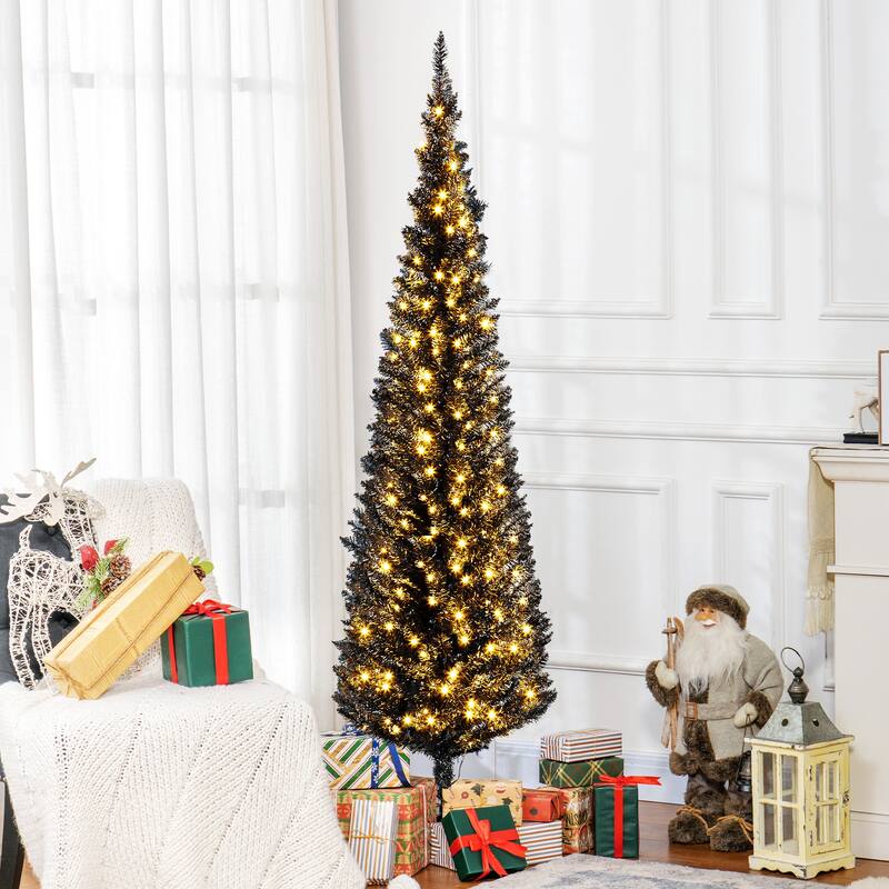 6 ft Black Plastic Steel Slim Pencil Christmas Tree with Warm White LEDs - 18" Dia. x 72"H
