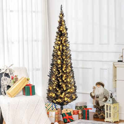 6 ft Black Plastic Steel Slim Pencil Christmas Tree with Warm White LEDs - 18" Dia. x 72"H