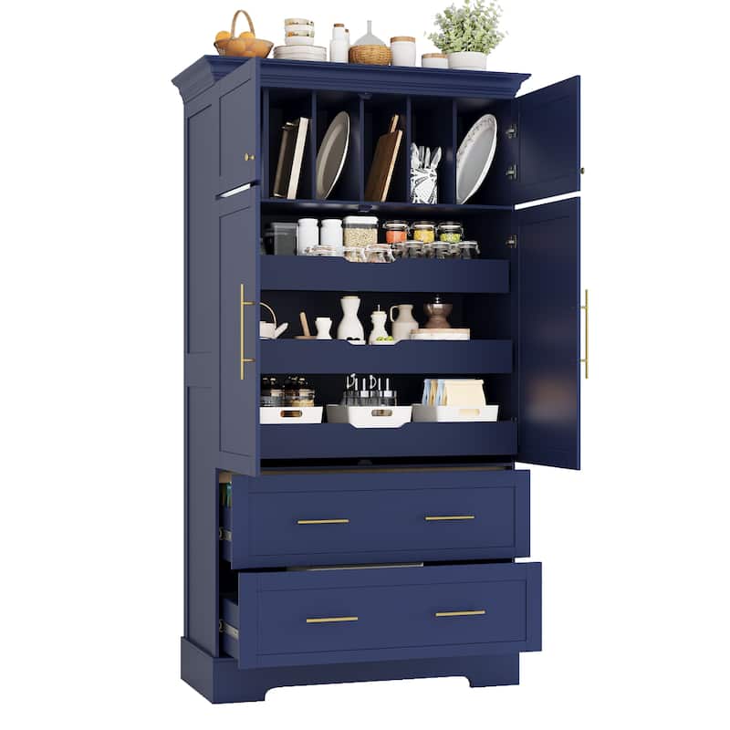 Roomfitters 73 Inch Large Kitchen Pantry with 4 Doors, Pull-Out Trays and Cake Pan Organizer