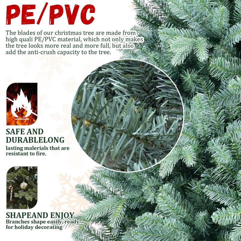 8FT Blue-Green Tint PE/PVC Christmas Tree - 2458 Tips, Hinged Branch Design, Full Natural Look, Stable Metal Stand