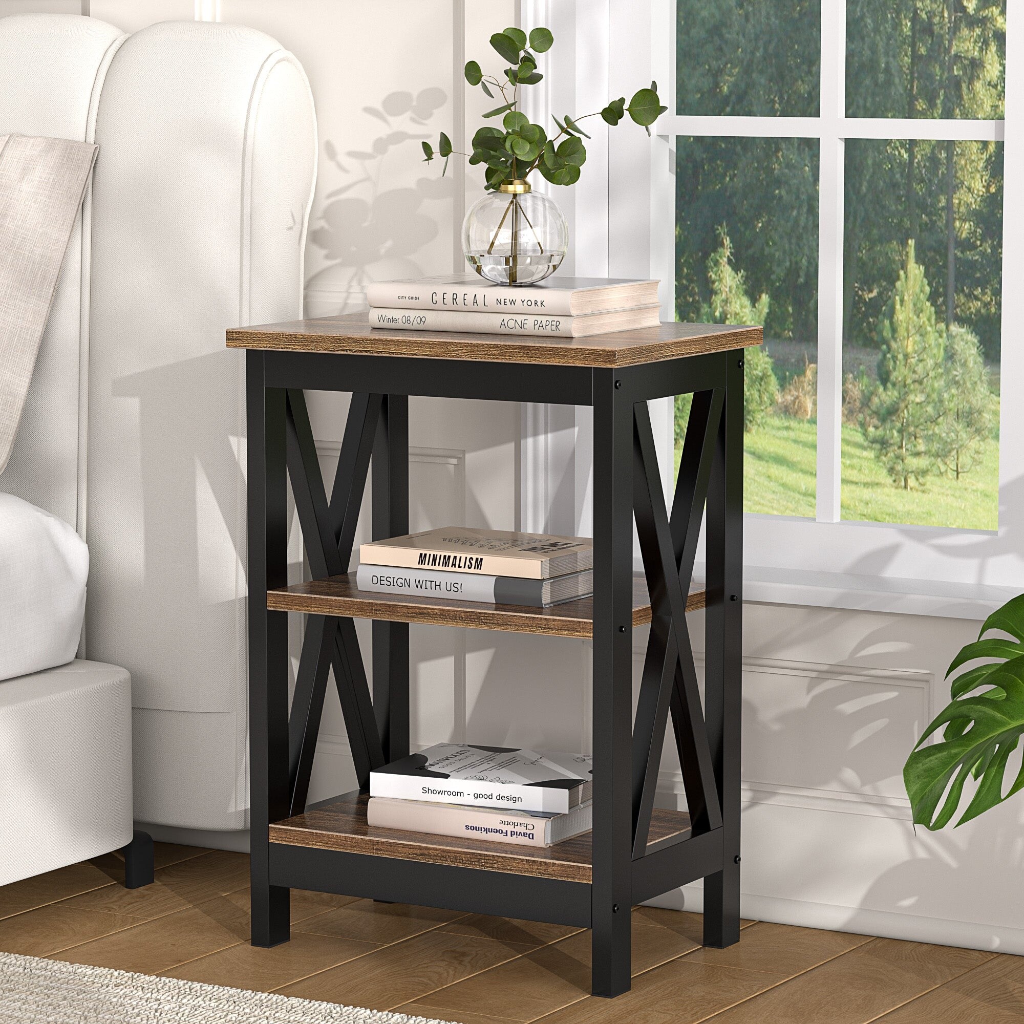 VECELO Modern End Tables with 3-Tier Open Storage Shelves X-Shaped