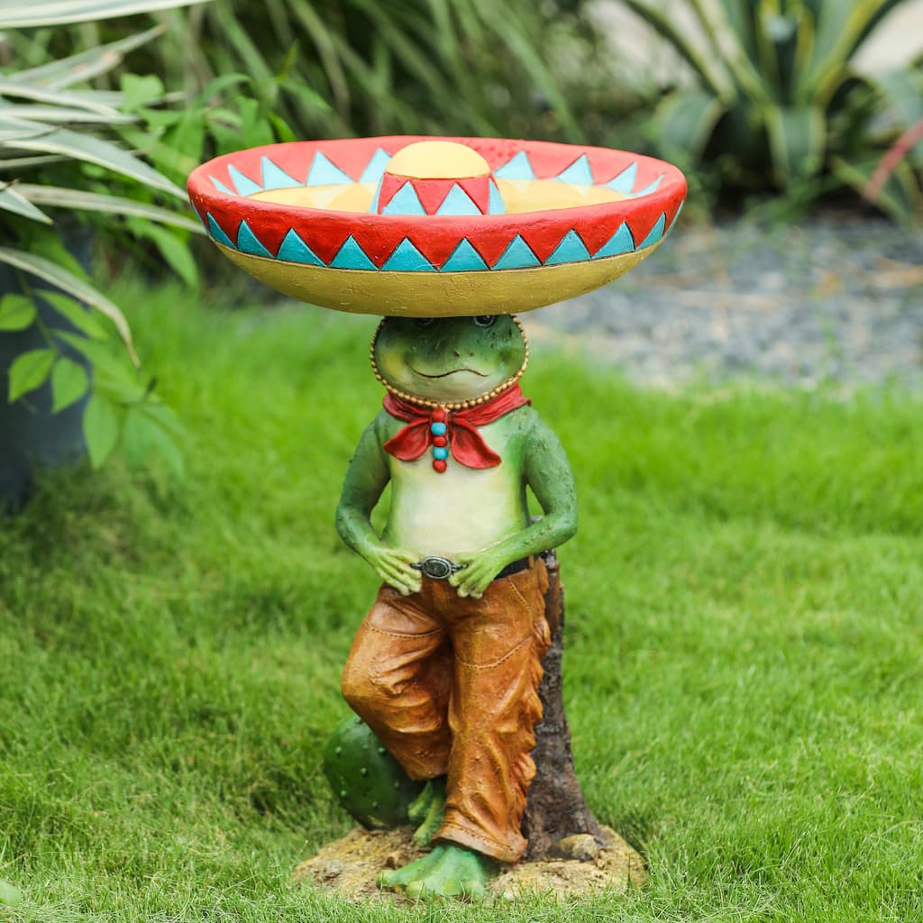 Resin Southwestern Frog with Sombrero Statue Birdbath