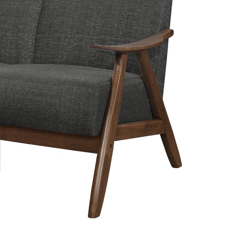 Indy 73 Inch Sofa, Brown Rubberwood Angled Frame, Textured Gray Fabric