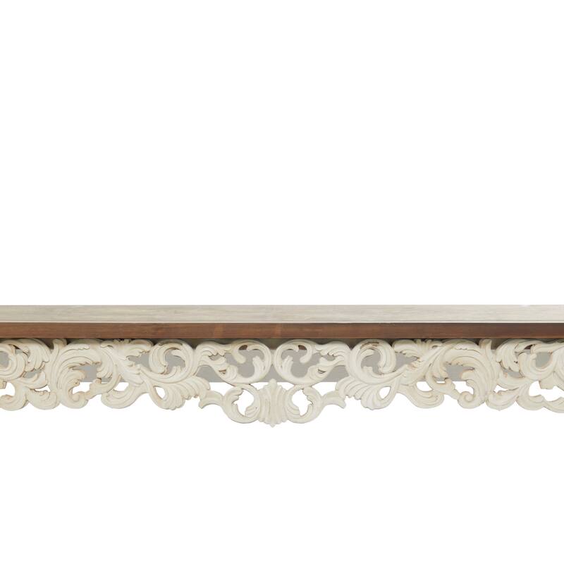 White Wood Intricately Carved Scroll Console Table with Brown Wood Top