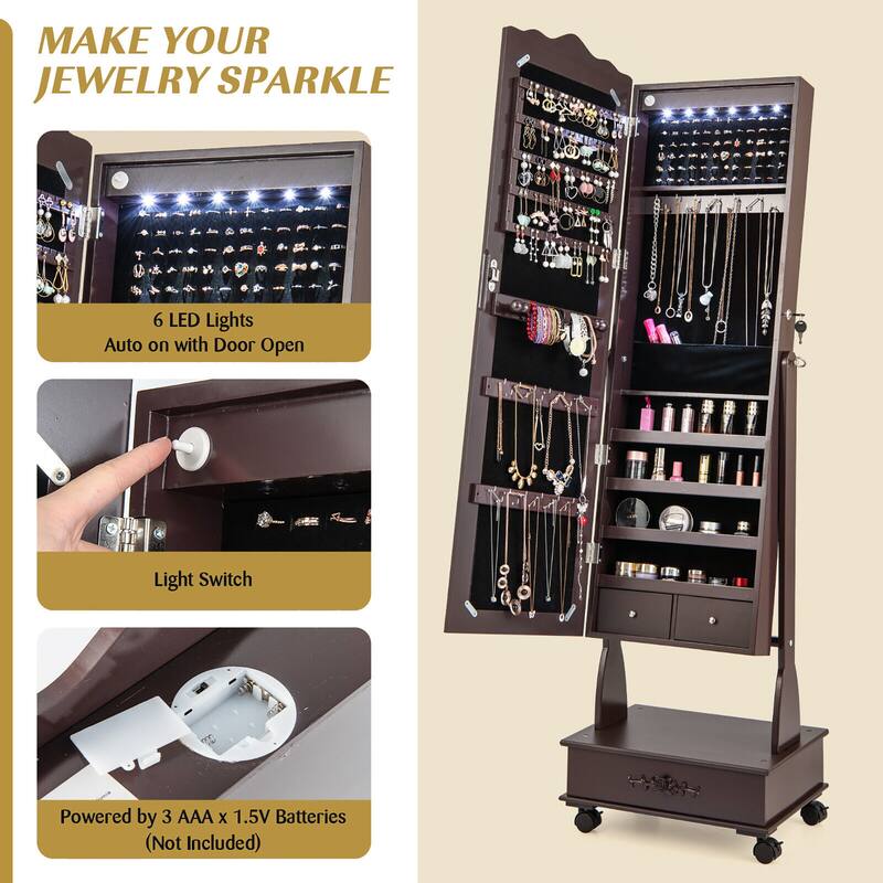Gymax Rolling Jewelry Cabinet Armoire Full Length LED Mirror Lockable