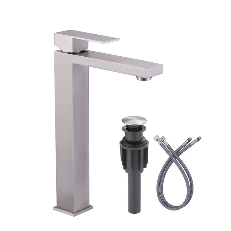 WOWOW Single Handle Single Hole High Arc Bathroom Vessel Faucet - Brushed Nickel