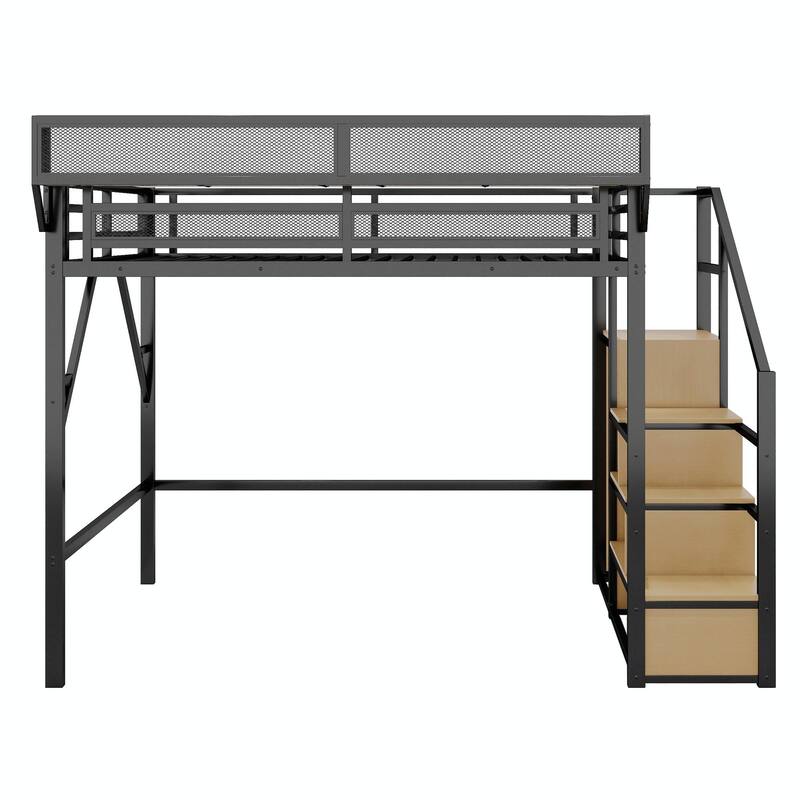 Loft Bed with Stairs, Metal Queen Loft Bed with Storage Shelves, High Loft Bed with Wardrobe