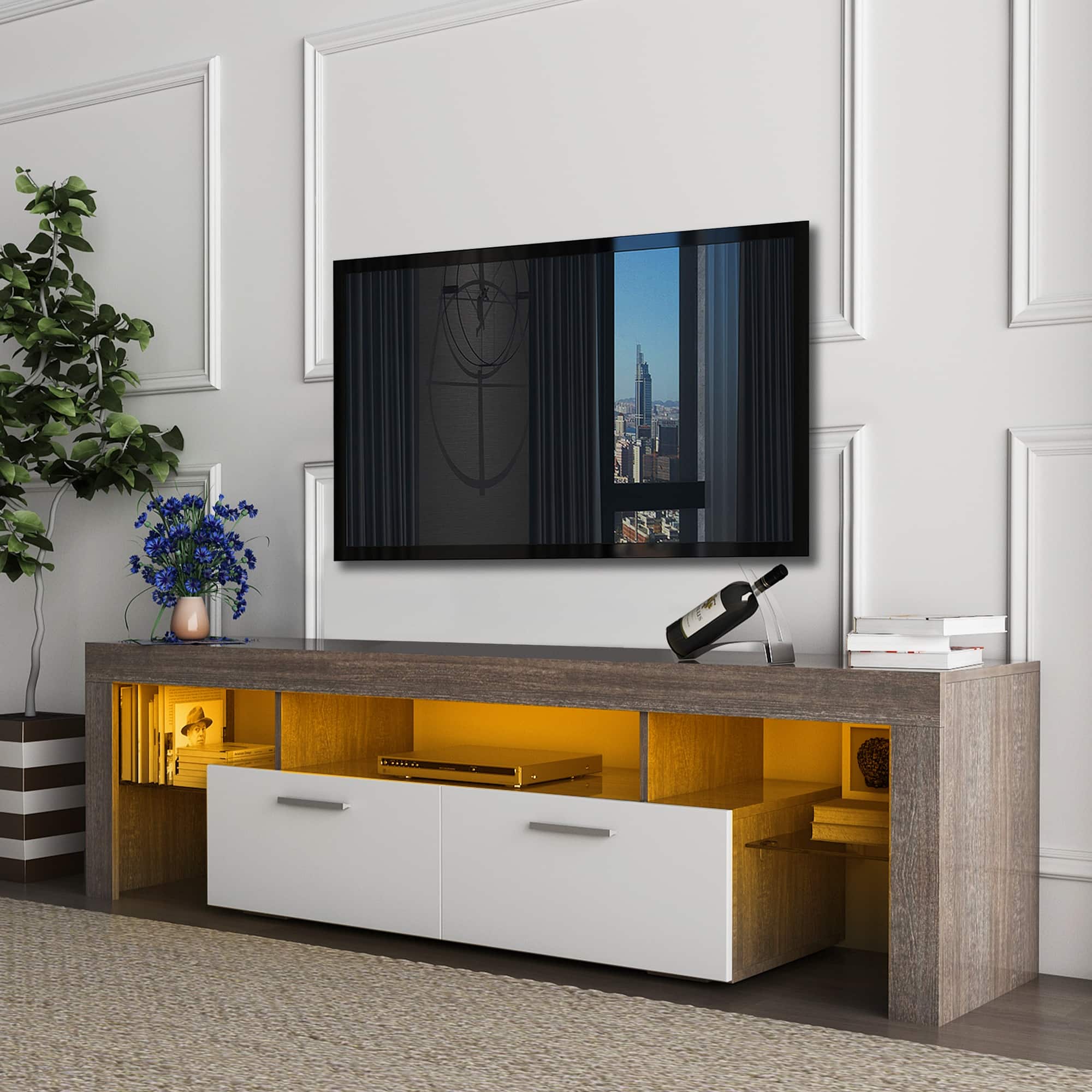 Simple Modern LED Light Floor TV Wall Cabinet, Easy Assemble, Can ...